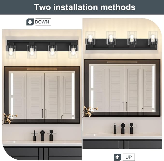 4-Light Matte Black Bathroom Light Fixtures, with Clear Glass Shade | 29.5 Inch Bathroom Lighting Fixtures Over Mirror, Modern Wall Light, bathroom vanity light E26 Socket, ETL