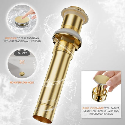Brushed Gold Bathroom Faucet Brass Vessel Sink Faucet, Square Single Hole Single Handle Waterfall Above Counter Sink Faucet with Metal Pop Up Drain Without Overflow, FH05-BG-V