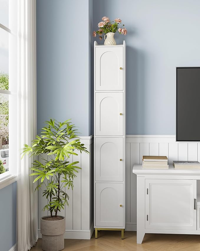 Hzuaneri 4-Tier Narrow Tall Storage Cabinet | Slim Bathroom Storage Cabinet with 4 Adjustable Feet and Shelves, for Living Room, Laundry Room, White, 11"D x 11"W x 70.9"H