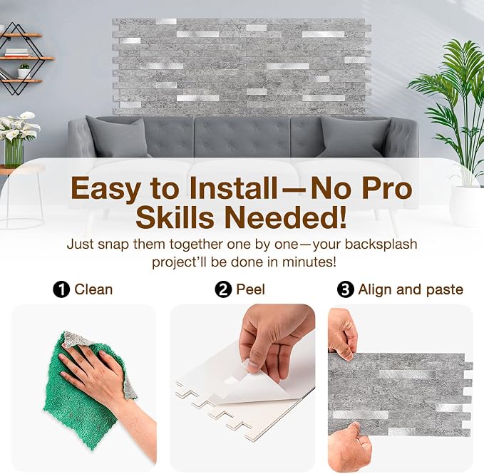 Peel and Stick Backsplash Tile Waterproof Removable PVC Wall Sticker 3D Faux Stone Marble Brick White Accent Panels (Matte Gray Stone - Metal Silver, 40 Tiles - 18 sq. ft. (1.68 m²))