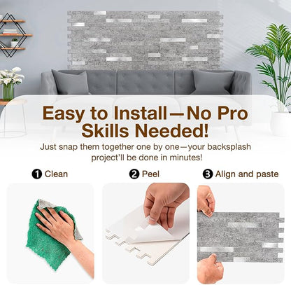 Peel and Stick Backsplash Tile Waterproof Removable PVC Wall Sticker 3D Faux Stone Marble Brick White Accent Panels (Matte Gray Stone - Metal Silver, 40 Tiles - 18 sq. ft. (1.68 m²))