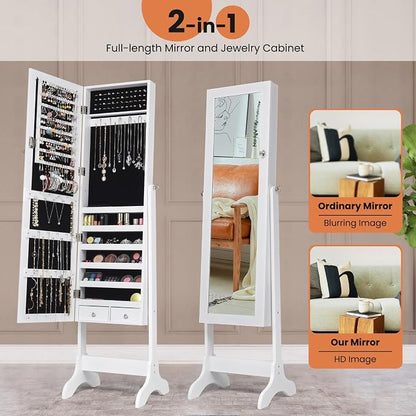 NAFORT Standing Mirrored Jewelry Box, Jewelry Armoire Storage Organizer Large Capacity, Wooden Mirror Jewelry Cabinet, 4 Angle Adjustable Full-length Storage mirror with 2 Drawers, White