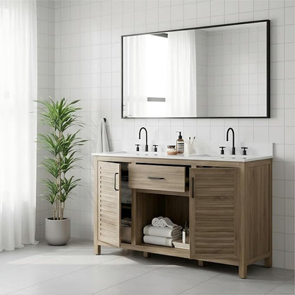 60" Brown Bathroom Vanity with Double Ceramic Sinks | Pre-Assembled Bathroom Vanity Cabinet with Quartz Countertop & cUPC Ceramic Basins, Modern Freestanding Bath Cabinet with Soft-Close Doors
