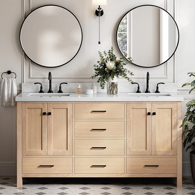 Beckford 66-Inch Oak Double Bathroom Vanity with Sink, Italian Carrara Marble Countertop 1.5" Edge & Backsplash, Soft Closing Doors & Drawers, Matte Black Hardware