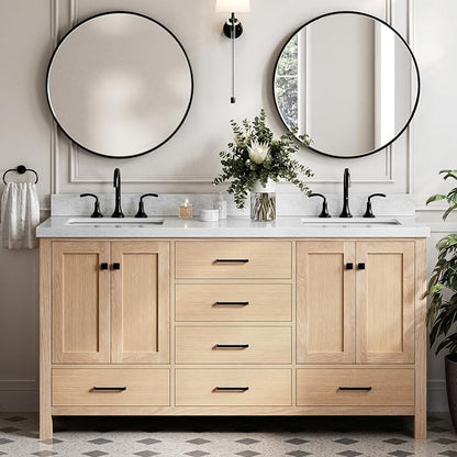 Beckford 66-Inch Oak Double Bathroom Vanity with Sink, Italian Carrara Marble Countertop 1.5" Edge & Backsplash, Soft Closing Doors & Drawers, Matte Black Hardware