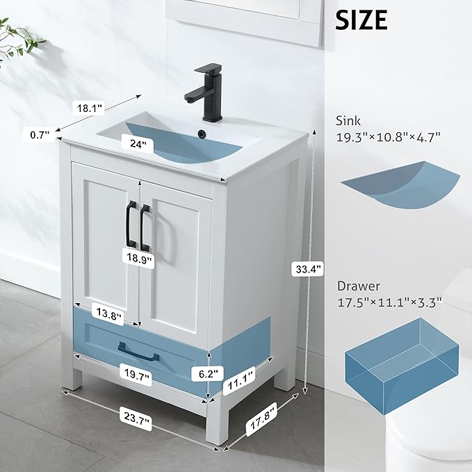 eclife 24" Bathroom Vanities with Sink Combo, Modern Thickened Wood Bathroom Storage Cabinet w/Undermount Sink, Matte Black Faucet Drain, Painted Surface, White