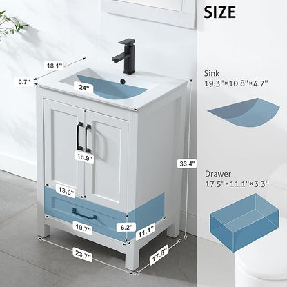 eclife 24" Bathroom Vanities with Sink Combo, Modern Thickened Wood Bathroom Storage Cabinet w/Undermount Sink, Matte Black Faucet Drain, Painted Surface, White