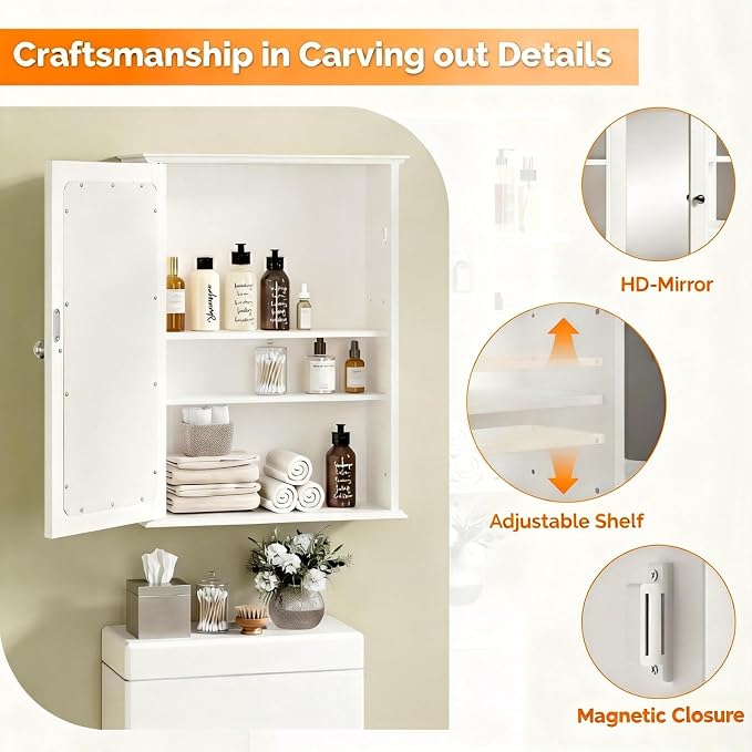 Bonnlo White Mirrored Medicine Cabinet - Wall Mounted Bathroom Storage Organizer with Single Door, 2 Adjustable Shelves & Magnetic Lock, Small Vanity Cabinet for Over the Toilet/Sink