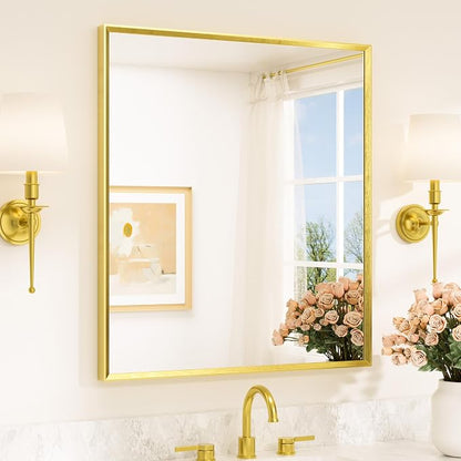 Brushed Gold Mirror for Bathroom Sink 32" x 36" Beveled Frame Brushed Gold Brass Vanity Rectangle Mirror for Bathroom Wall, Modern Farmhouse, Tempered Glass, Stronger Frame