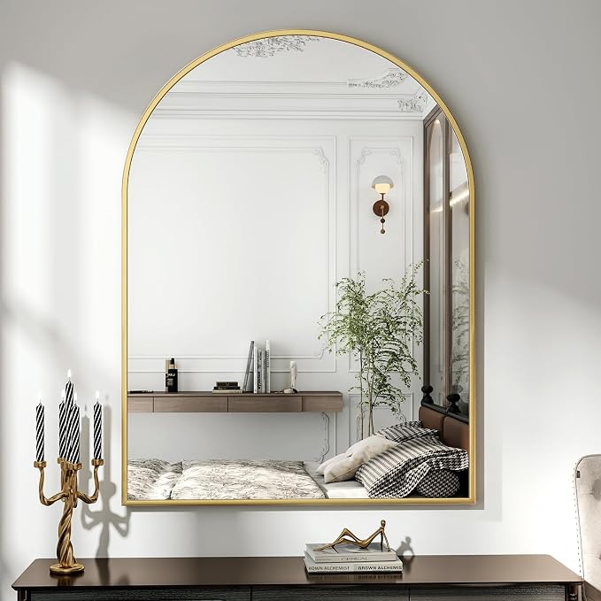 XRAMFY 32"x48" Arched Bathroom Mirror with Aluminum Frame Arched Wall Mounted Vanity Mirror for Entryway, Bedroom, Living Room, Gold
