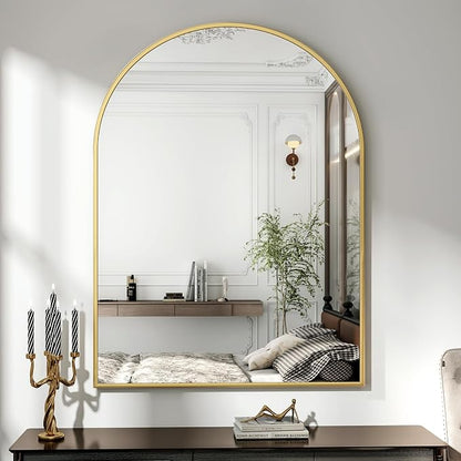 XRAMFY 32"x48" Arched Bathroom Mirror with Aluminum Frame Arched Wall Mounted Vanity Mirror for Entryway, Bedroom, Living Room, Gold