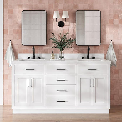 Isabella 66" White Double Bathroom Vanity, 1.5" Pure White Quartz Countertop, Rectangular Undermount Sinks, 4 Soft Closing Doors, 6 Dovetail Drawers
