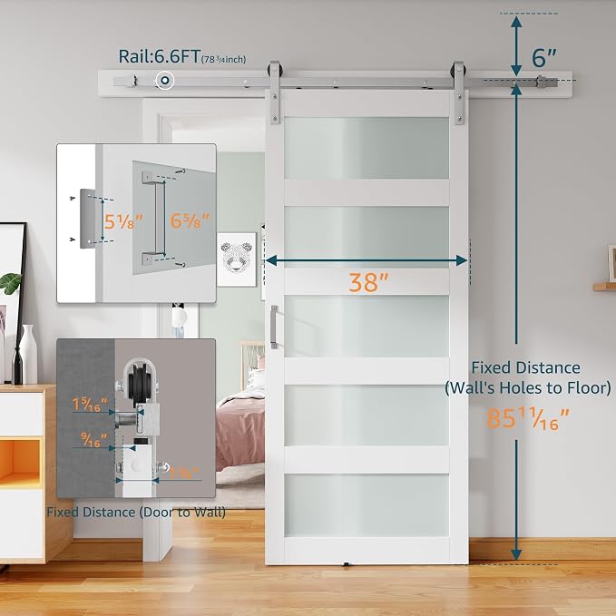 38'' x 84'' Glass Barn Door and 6.6FT Brushed Nickel Hardware Kit | MDF White Barn Door Slab with Frosted Glass, PVC Surface, Combined with Handle and Floor Guide-Assembly Required