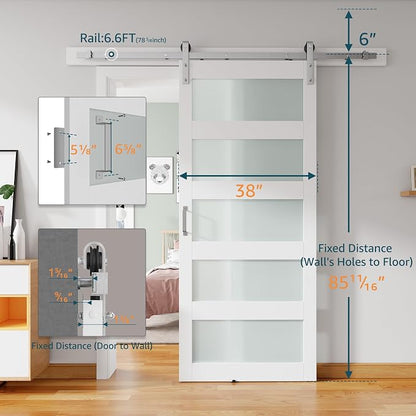 38'' x 84'' Glass Barn Door and 6.6FT Brushed Nickel Hardware Kit | MDF White Barn Door Slab with Frosted Glass, PVC Surface, Combined with Handle and Floor Guide-Assembly Required