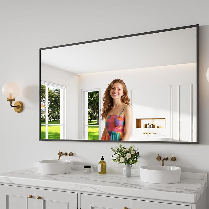 Koonmi Bathroom Mirror for Wall, 36"x60" Black Bathroom Mirror for Over Sink, Shatterproof Tempered Glass Vanity Mirror with Anti-Rust Aluminum Alloy Frame, Hang Horizontally or Vertically, Black