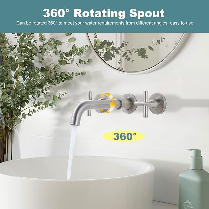 ARCORA Wall Mount Bathroom Faucet, Brushed Nickel Bathroom Sink Faucet, 2 Handle Wall Mount Vessel Sink Faucet Rough in Brass Valve Included