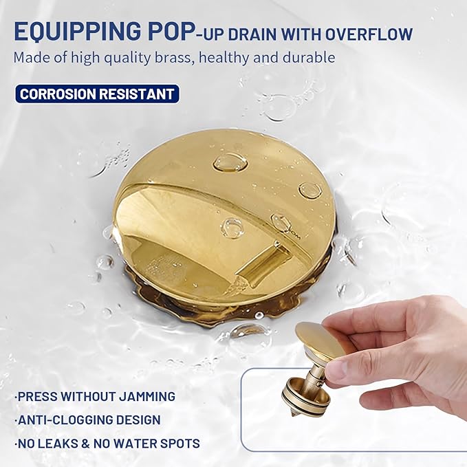 BWE Widespread Bathroom Faucet 3 Hole Brushed Gold Bathroom Sink Faucet 8 Inch Two Handles Vanity Faucet with Pop Up Drain Assembly and Supply Hose