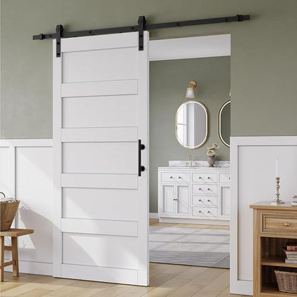 SMARTSTANDARD 34in x 84in Sliding Barn Door with 6FT Hardware Track Kit | Waterproof PVC Surface, Pre-Drilled Holes Easy to Assemble, Solid, MDF, White, 5-Panel
