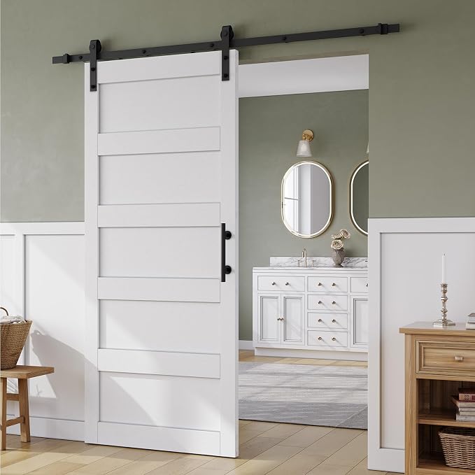 SMARTSTANDARD 36in x 80in Sliding Barn Door with 6.6FT Hardware Track Kit | Waterproof PVC Surface, Pre-Drilled Holes Easy to Assemble, Solid, MDF, White, 5-Panel