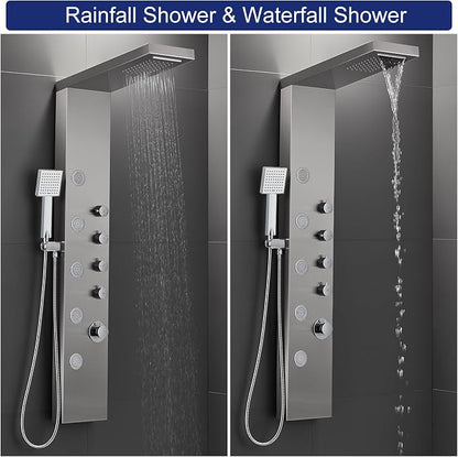 ROVATE 4-in-1 Rainfall Waterfall Shower Panel Tower System, Brushed Finish | Shower Column with Body Massage Jets and Handheld, Stainless Steel High Pressure, Use Multiple Functions Simultaneously