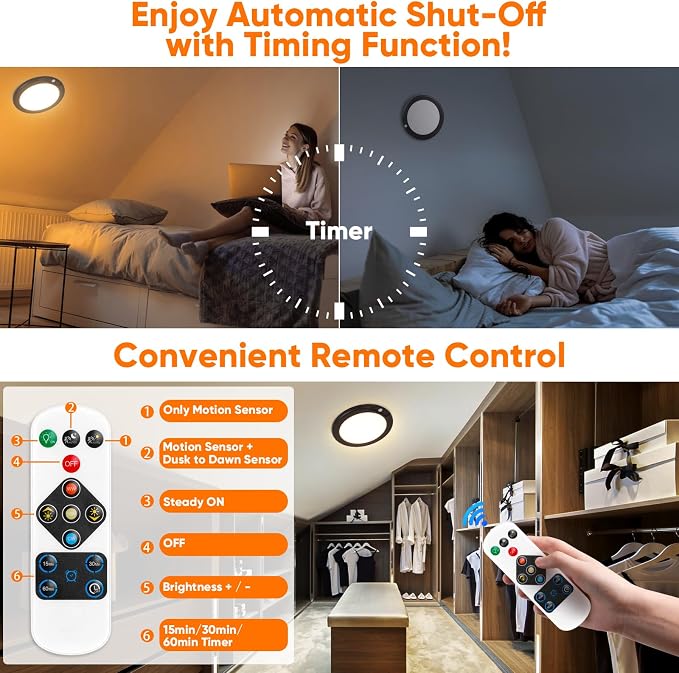 Rechargeable Motion Sensor Ceiling Light, Battery Operated Closet Light | Wireless Battery Powered LED Shower Light, Magnetic Cordless Ceiling Light with Remote, Overhead Lamp for Pantry Shed, Black