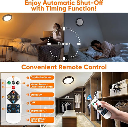 Rechargeable Motion Sensor Ceiling Light, Battery Operated Closet Light | Wireless Battery Powered LED Shower Light, Magnetic Cordless Ceiling Light with Remote, Overhead Lamp for Pantry Shed, Black