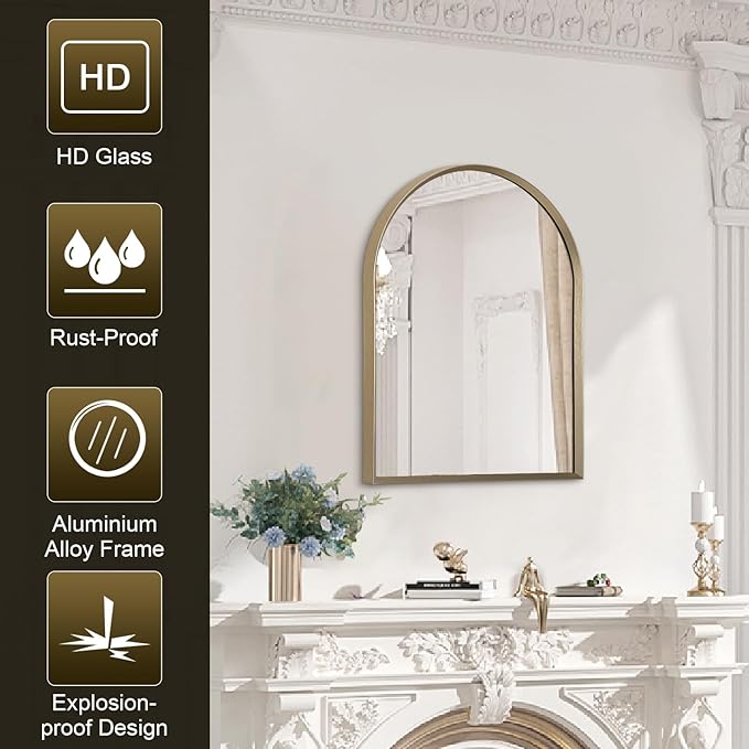 Bathroom Arched Wall Mirror Brushed Metal Vanity Wall Mounted Mirror for LivingRoom Bedroom Entryway Room Vanity Home Decor 16"x12"