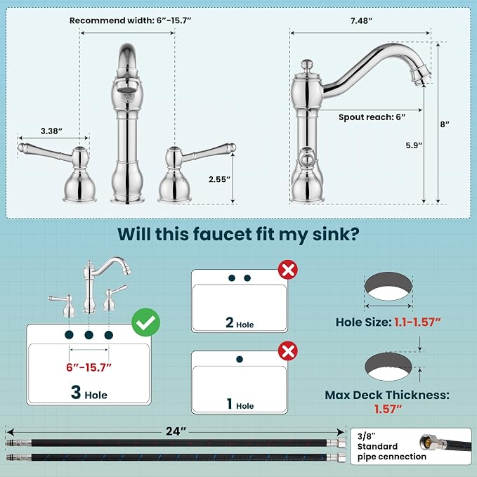 gotonovo Bathroom Sink Faucet 3 Hole 8 Inch Widespread, Polish Chrome | Bathroom Vanity Faucet Double Lever Handle Vintage Deck Mount, Pop Up Drain and cUPC Supply Lines, for Lavatory Farmhouse RV