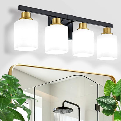 4-Light Vanity Light for Bathroom,Black and Gold Bathroom Light 24" | Bathroom Light Fixture with Square Frosted Glass, Wall Sconces fixtures Over Mirror Sink Restroom,Living Room Hallway