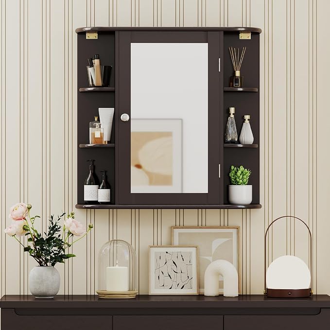 GIANTEX Bathroom Medicine Cabinet (Brown) | Wall Mounted Medicine Cabinet with Mirrored Door & 4 Interior Shelves, 6 Open Shelves, Space-saving Storage Cabinet