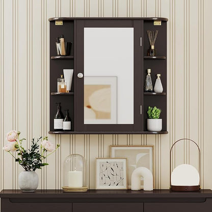 GIANTEX Bathroom Medicine Cabinet (Brown) | Wall Mounted Medicine Cabinet with Mirrored Door & 4 Interior Shelves, 6 Open Shelves, Space-saving Storage Cabinet