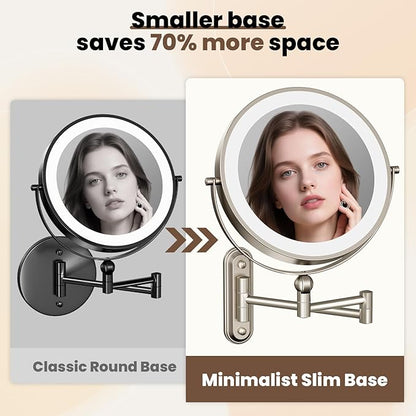 9" Wall Mounted LED Lighted Makeup Vanity Mirror - 4000mAh Rechargeable Double Sided 1X/30X Magnifying Mirror, 3 Color Lights Touch Dimmable, Height Adjustable Extended Arm 360° Swivel Bathroom Mirror