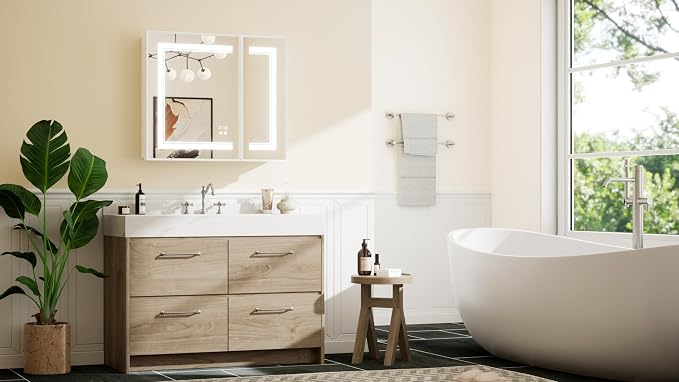 White Lighted Medicine Cabinet Mirror with Led Lights 30 x 26 Wall Mount or Recessed Bathroom Cabinet with Storage, 2 Door Tempered Glass Led Vanity Cabinet, 2 Outlets, 3-Color Dimming, Defog