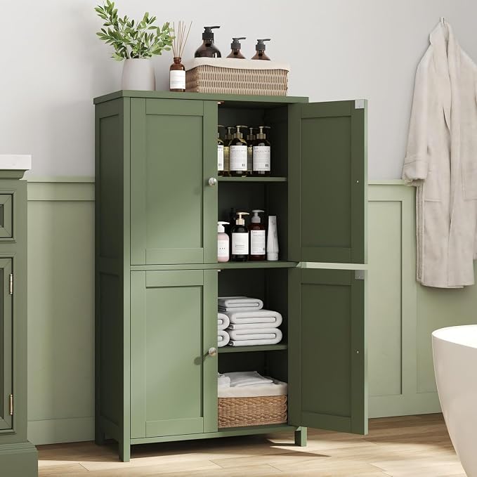 Nuturelly Bathroom Floor Storage Cabinet, 4 Doors, Anti-Tip, Pale Green | 23.7"D x 11.9"W x 42.6"H, Adjustable Shelves, Shaker style, 5-position Shelves, Rounded Corners, Easy Assembly
