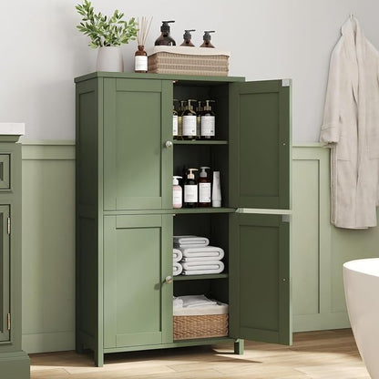 Nuturelly Bathroom Floor Storage Cabinet, 4 Doors, Anti-Tip, Pale Green | 23.7"D x 11.9"W x 42.6"H, Adjustable Shelves, Shaker style, 5-position Shelves, Rounded Corners, Easy Assembly