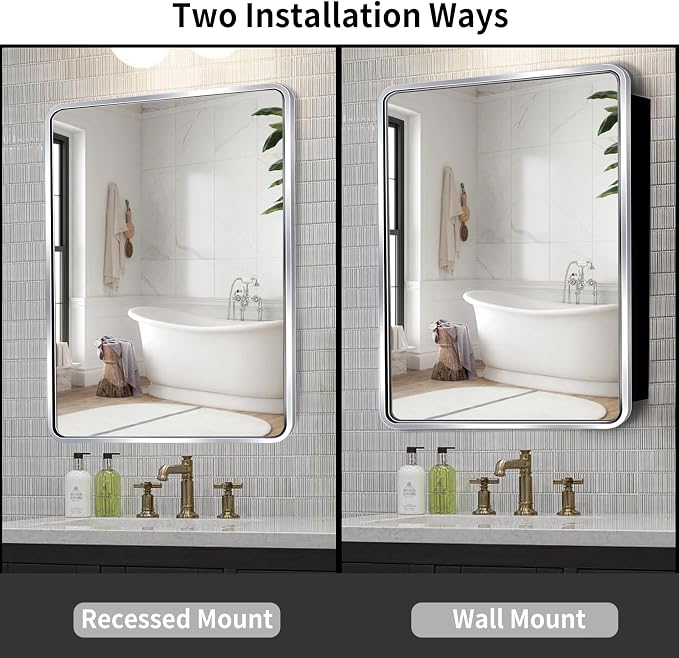 Movo Medicine Cabinet with Mirror, 20x28 Inch Farmhouse Metal Framed Rectangle Bathroom Mirror Cabinet, Recess or Surface Mount Installation Chrome