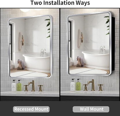Movo Medicine Cabinet with Mirror, 20x28 Inch Farmhouse Metal Framed Rectangle Bathroom Mirror Cabinet, Recess or Surface Mount Installation Chrome