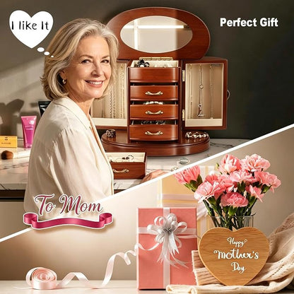 RR ROUND RICH Solid Wood Jewelry Box for Women Brown | Large Capacity Organizer with Rotating Necklace Holder, Mirror & 4 Drawers, Vintage Brown Gift Box