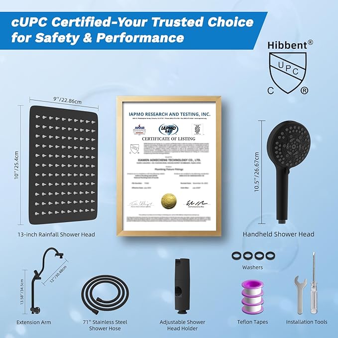 Hibbent High Pressue All Metal 10" Rainfall Shower Head, Handheld 10-Spray | cUPC Certified Matte Black Dual Showerhead Combo, 4-way Diverter with Pause Mode, Brass Extension Arm, 71'' Hose & Holder