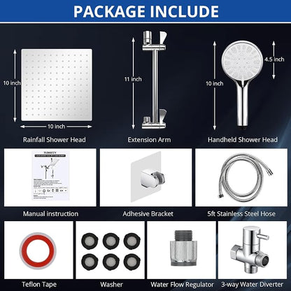 Shower Head, 10'' High Pressure Rainfall/Handheld Shower Combo, Chrome | 9 Settings, Anti-leak Shower Head with 11'' Extension Arm, Holder, Hose, Height/Angle Adjustable Shower, 1.75GPM