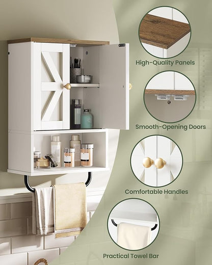 Bathroom Wall Cabinet, Medicine Cabinet with Open Partition and Towel Bar, Rustic Storage Cabinet with Open and Hidden Storage Space, for Bathroom, Living Room, Kitchen, White and Walnut