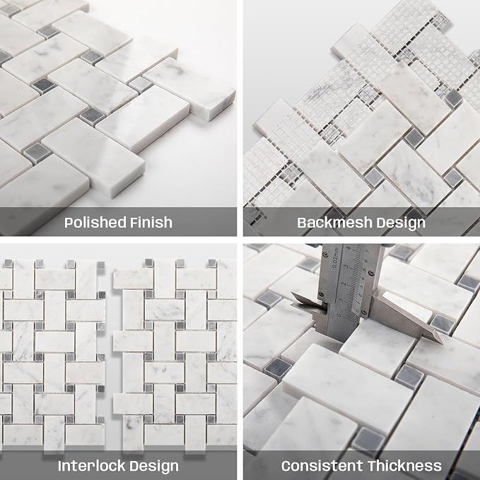 1×2 Inch Basketweave Carrara Marble Mosaic Tile for Kitchen Bathroom Floor | Water & Heat Resistant Polished Marble Backsplash Tiles for Wall Fireplace Surround Durable Unique Veins 2.8SQFT