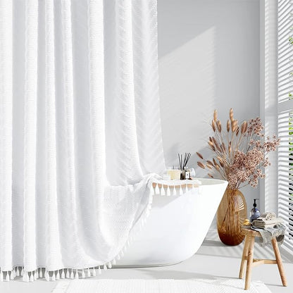 Boho Farmhouse Fabric Shower Curtain Tufted Chevron 72"x72" White | Elegant Tassel, Soft Lightweight Textured Cloth, Water Repellent, Washable, Hotel Spa, for Bathroom/Dorm/Apartment 12 Hooks