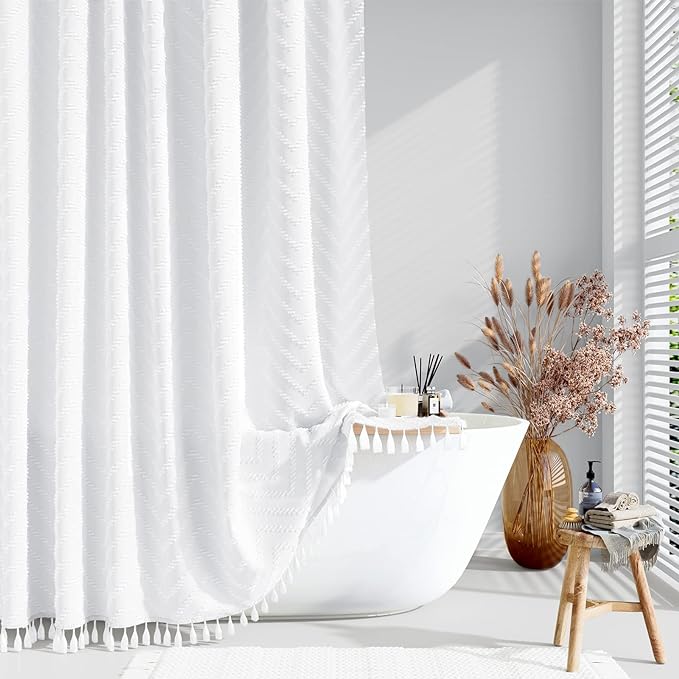 Long Boho Farmhouse Shower Curtain Tufted Chevron 72"x78" White | 78 Inch Tall, Elegant Tassel, Lightweight Textured Fabric, Water Repellent, Washable, Hotel Spa, for Bathroom/Dorm 12 Hooks