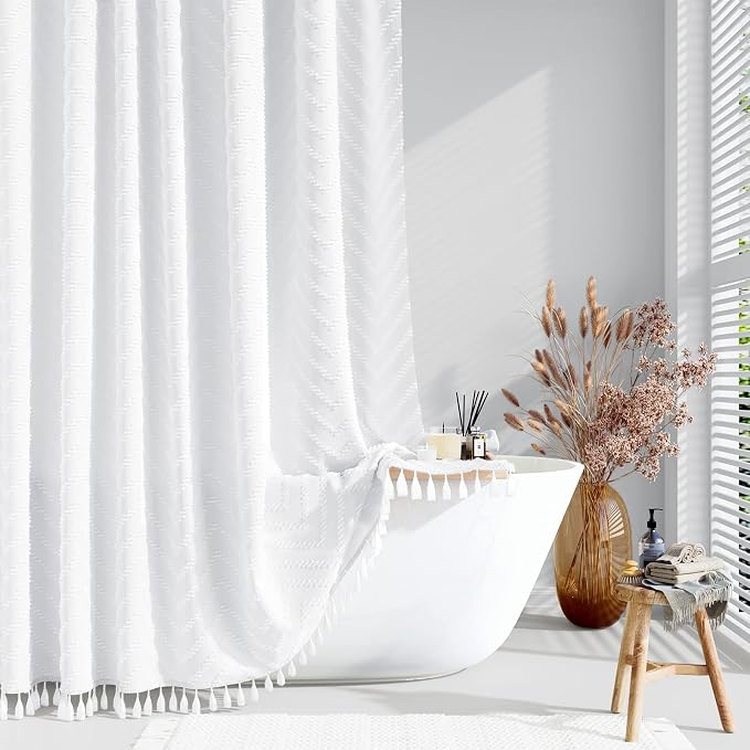 Stall Boho Farmhouse Shower Curtain Tufted Chevron 36"x72" White | Narrow Half Size, Elegant Tassel, Soft Lightweight Textured Fabric, Water Repellent, Washable, for Bathroom/Dorm 6 Hooks