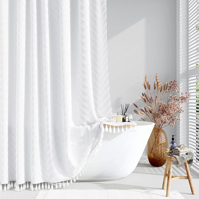 Dynamene 78 Inches Long Shower Curtain, Boho Tufted Chevron Striped Tall Cloth Shower Curtains for Bathroom Decor, Large Hotel Spa Luxury Shower Curtain Set with Hooks, Wrinkle Free, White, 72x78