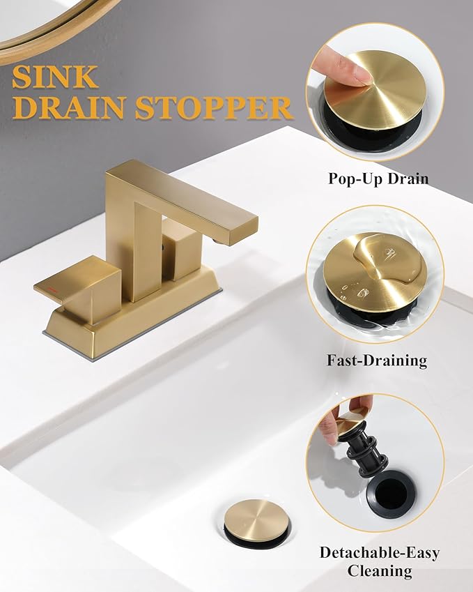 Tohlar Brushed Gold 2 Handle 4 Inch Centerset Bathroom Faucet with Pop Up Drain and 2 Lead-Free Hoses