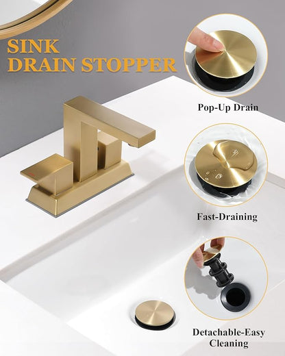 Tohlar Brushed Gold 2 Handle 4 Inch Centerset Bathroom Faucet with Pop Up Drain and 2 Lead-Free Hoses