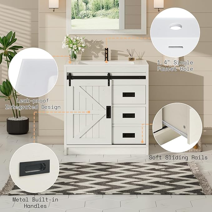 AMERLIFE Farmhouse Bathroom Vanity with Sink Combo, 31in Sliding Barn Door Bathroom Vanity Cabinet Set with Storage Drawers, Metal Handles, Small Single Bath Storage Vanity Sink, Antique White