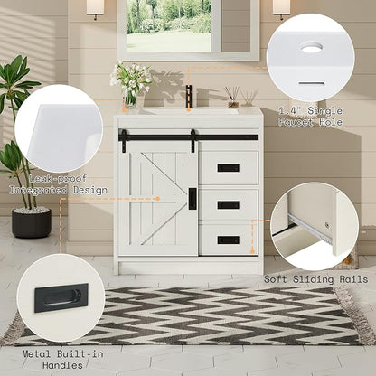 AMERLIFE Farmhouse Bathroom Vanity with Sink Combo, 31in Sliding Barn Door Bathroom Vanity Cabinet Set with Storage Drawers, Metal Handles, Small Single Bath Storage Vanity Sink, Antique White